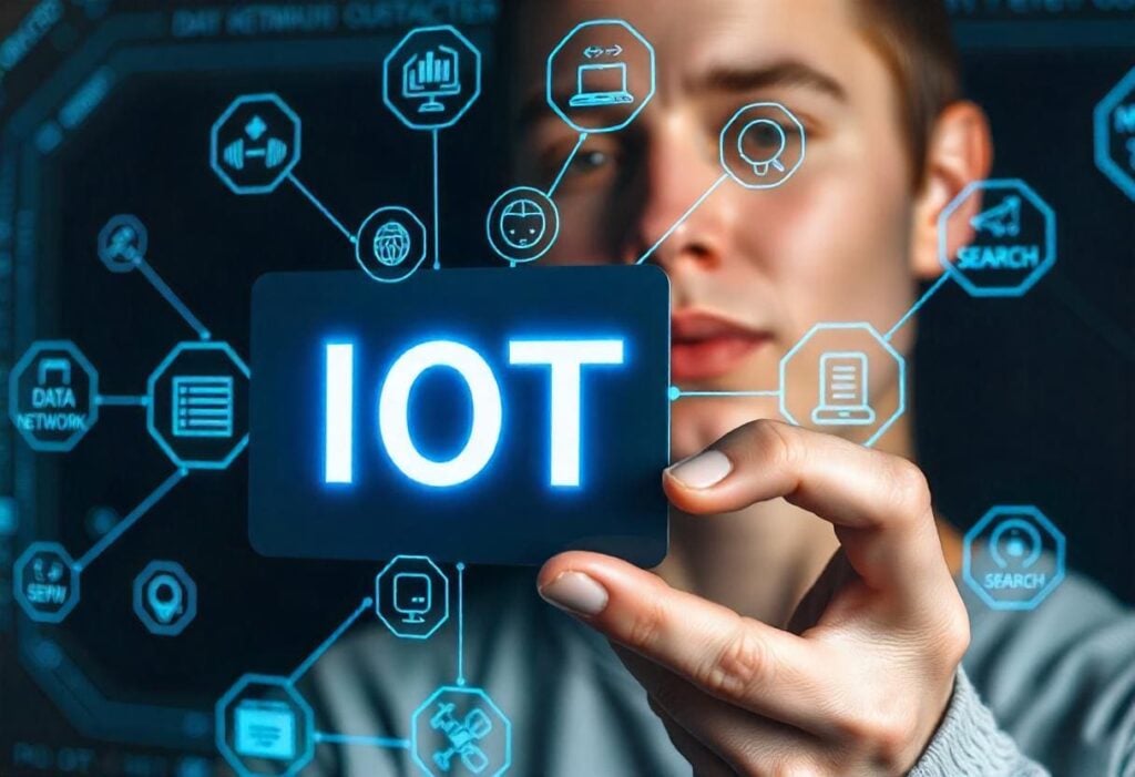 Henkilö pitelee ”IOT”-tekstillä varustettua korttia, ympärillään yhdistettyjä laitekuvakkeita.