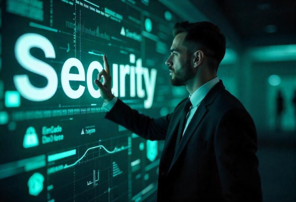 Puvussa oleva mies koskettaa suurta tummaa näyttöä, jolla hohtaa sana ”Security” ja kaavioita.