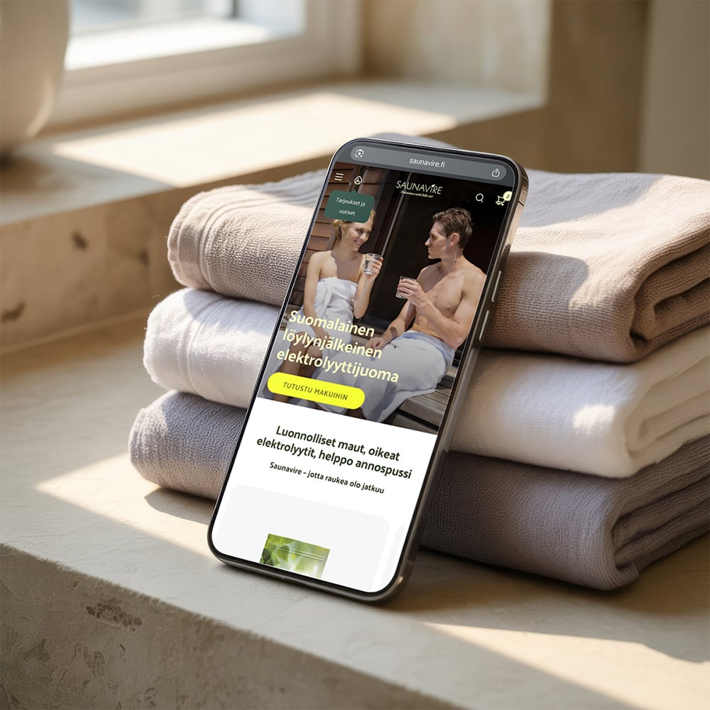Phone propped on folded towels showing the Saunavire store's mobile home page.